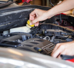 Asian,technicians,inspect,brake,fluid,for,engine,compartment,care,and